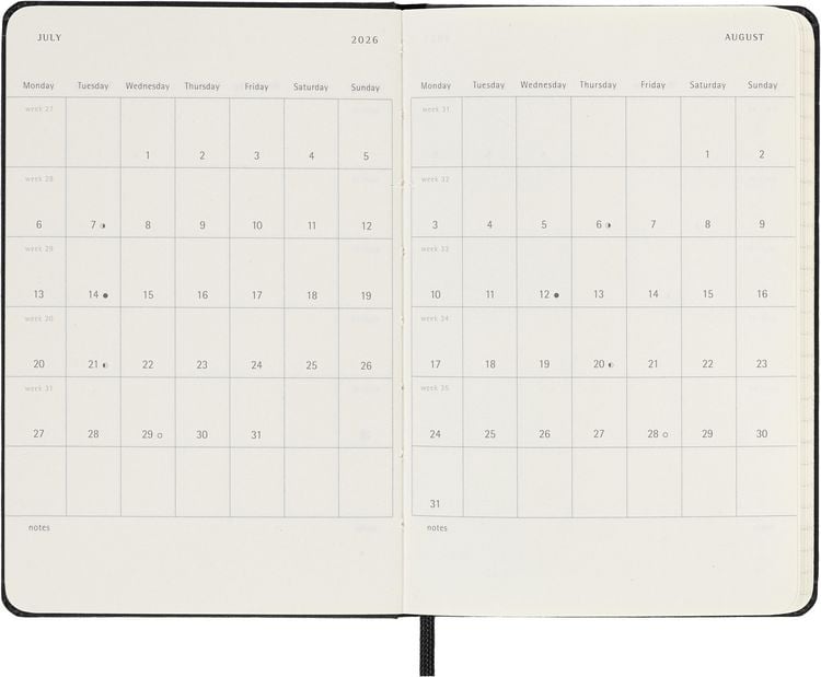 Produktbild: Moleskine 12 Monate Wochen Notizkalender 2026, Pocket/A6, 1 Wo = 1 Seite, rechts linierte Seite, fester Einband, Schwarz