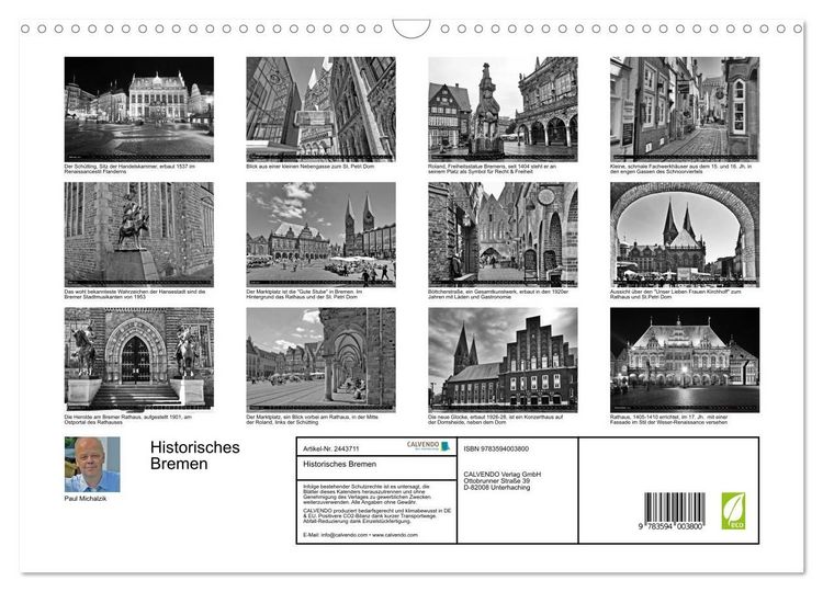 Produktbild: Historisches Bremen (Wandkalender 2027 DIN A3 quer), CALVENDO Monatskalender