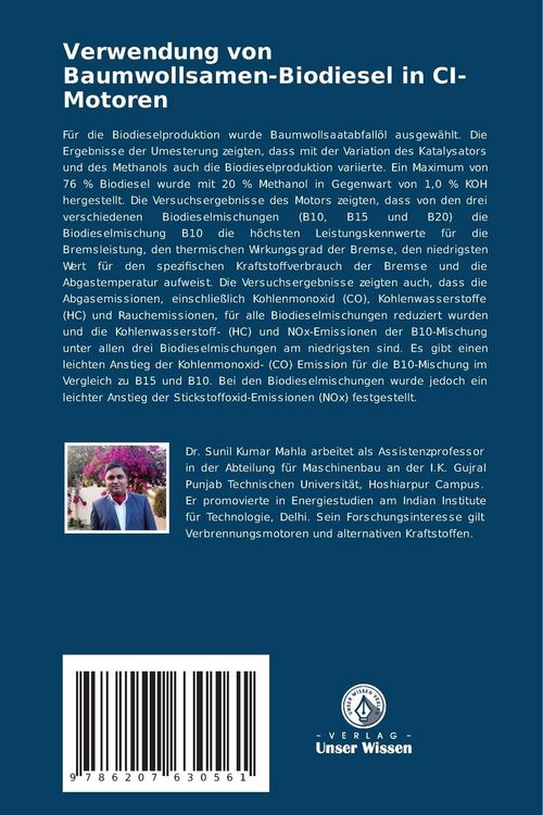 Produktbild: Verwendung von Baumwollsamen-Biodiesel in CI-Motoren