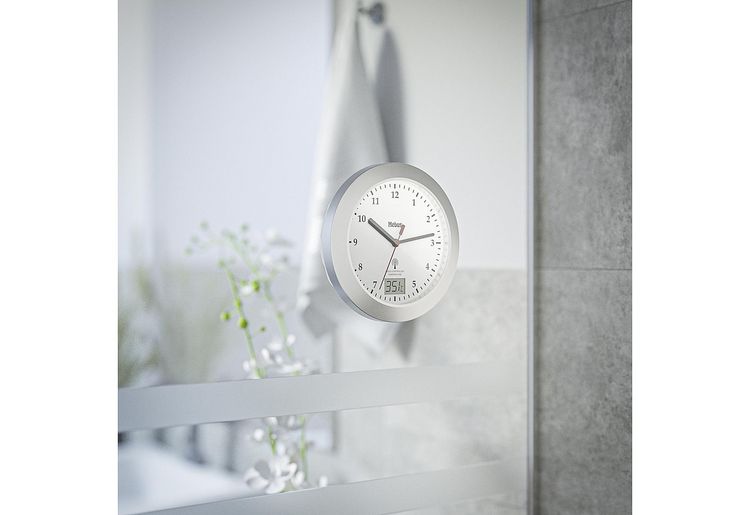 Produktbild: Mebus 41124 Funk Wanduhr 17cm x 60mm Silber Badezimmer-/Feuchtraum geeignet