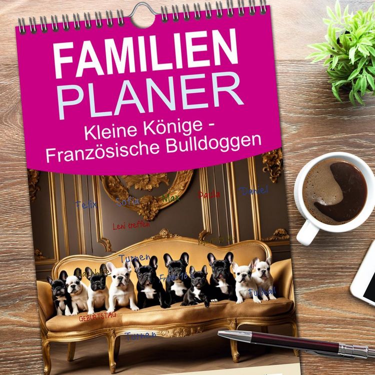Produktbild: Familienplaner 2026 - Kleine K&ouml;nige - Franz&ouml;sische Bulldoggen mit 5 Spalten (Wandkalender, 21 x 45 cm) CALVENDO