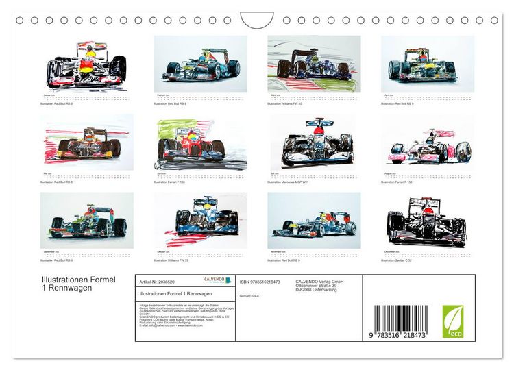 Produktbild: Illustrationen Formel 1 Rennwagen (Wandkalender 2026 DIN A4 quer), CALVENDO Monatskalender