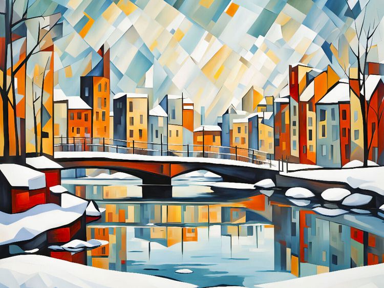 Produktbild: CALVENDO Puzzle Winterbr&uuml;cke in der kubistischen Stadt | 1000 Teile Lege-Gr&ouml;&szlig;e 64x48cm Foto-Puzzle f&uuml;r gl&uuml;ckliche Stunden