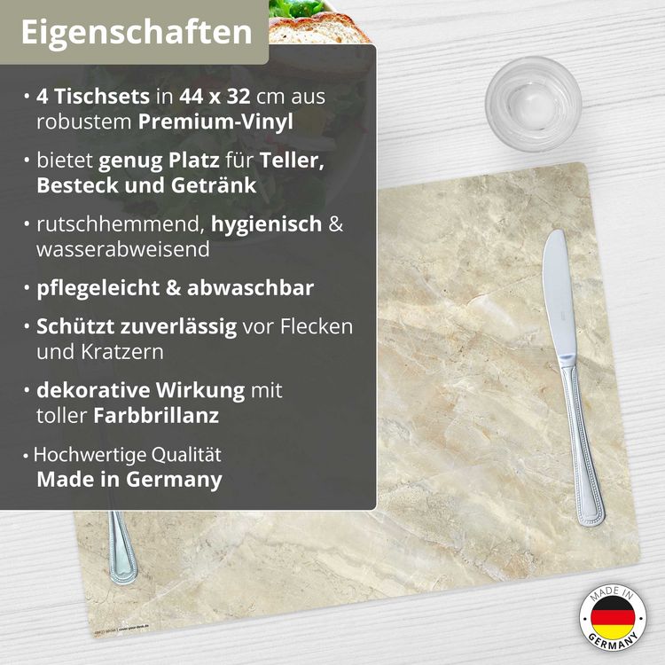 Produktbild: Tischsetmacher Tischsets sandfarbene Marmorplatte hell, aus hochwertigem Vinyl (4 St&uuml;ck), 44 x 32 cm
