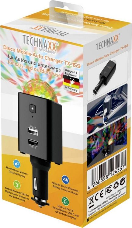 Produktbild: Technaxx Disco Mobile-Auto Charger TX-159 Belastbarkeit Strom max.=2.1 A 12/24 V, 5 V &uuml;ber USB