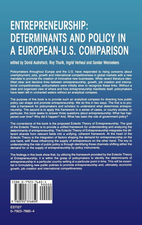 Produktbild: Entrepreneurship: Determinants and Policy in a European-US Comparison