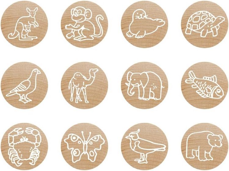 Produktbild: COLOP Woodies Holzstempel Set Exotische Tiere, mit 12 Motiven, Abdruckgr&ouml;&szlig;e: &Oslash; 29 mm, eckig