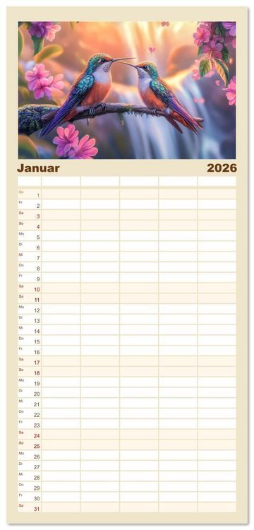 Produktbild: Familienplaner 2026 - Kolibris - Zauberhafte Fantasiewerke mit 5 Spalten (Wandkalender, 21 x 45 cm) CALVENDO