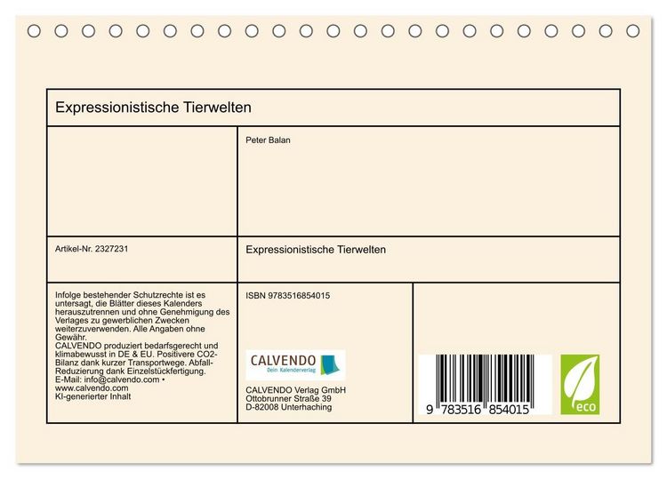 Produktbild: Expressionistische Tierwelten (Tischkalender 2027 DIN A5 quer), CALVENDO Monatskalender