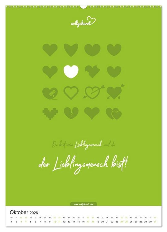Produktbild: vollgeherzt: Lieblingsmensch-Kalender - Der Wandkalender als Geschenk f&uuml;r ganz besondere Menschen (hochwertiger Premium Wandkalender 2026 DIN A2 hoch), Kunstdruck in Hochglanz