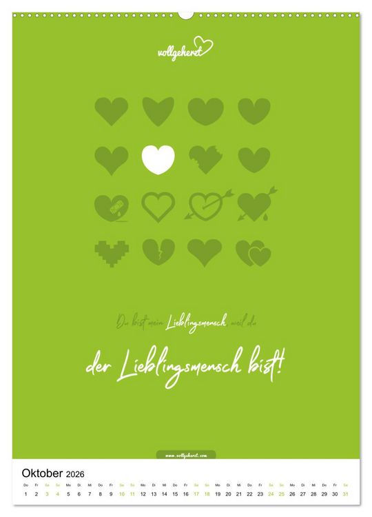 Produktbild: vollgeherzt: Lieblingsmensch-Kalender - Der Wandkalender als Geschenk f&uuml;r ganz besondere Menschen (Wandkalender 2026 DIN A2 hoch), CALVENDO Monatskalender