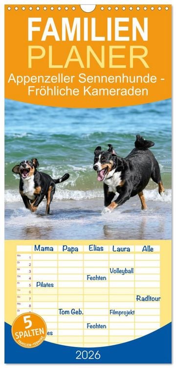Produktbild: Familienplaner 2026 - Appenzeller Sennenhunde - Fr&ouml;hliche Kameraden mit 5 Spalten (Wandkalender, 21 x 45 cm) CALVENDO
