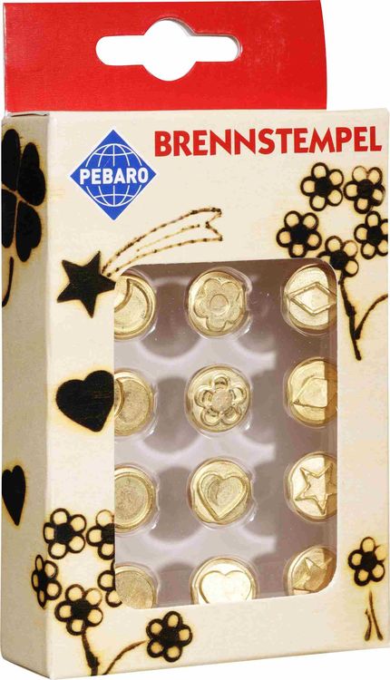 Produktbild: PEBARO 20200 - Brennstempel I, 12-teilig, Motive: Blume/Raute/Mond/Kreis/Herz/Stern, passend zum Pebaro-Brandkolben, Brandmalerei