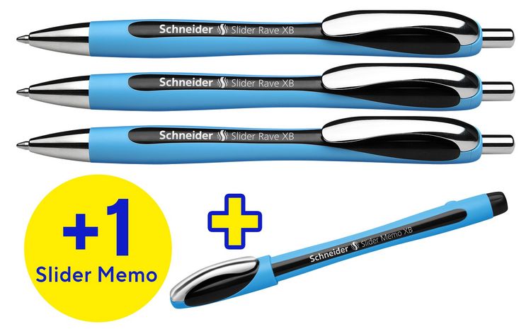 Produktbild: Schneider 3x Kugelschreiber Rave Box + 1x Memo schwarz, 4er Set