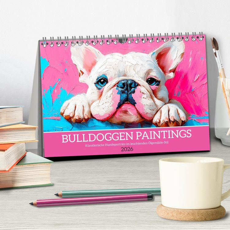 Produktbild: Bulldoggen Paintings. K&uuml;nstlerische Hundeportr&auml;ts im leuchtenden &Ouml;lgem&auml;lde-Stil (Tischkalender 2026 DIN A5 quer), CALVENDO Monatskalender
