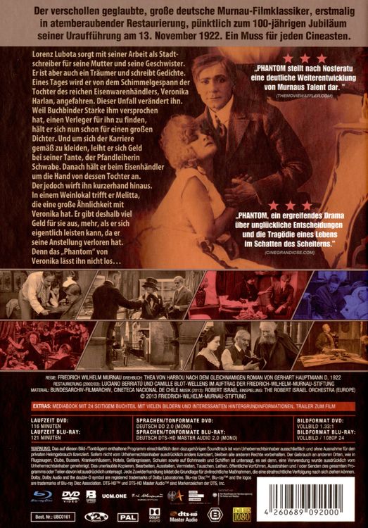 Produktbild: Friedrich Wilhelm Murnaus PHANTOM - Limited Mediabook (in HD neu abgetastet, Blu-ray+DVD+24-seitiges Booklet)