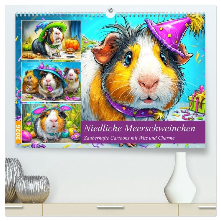 Produktbild: Niedliche Meerschweinchen. Zauberhafte Cartoons mit Witz und Charme (hochwertiger Premium Wandkalender 2026 DIN A2 quer), Kunstdruck in Hochglanz