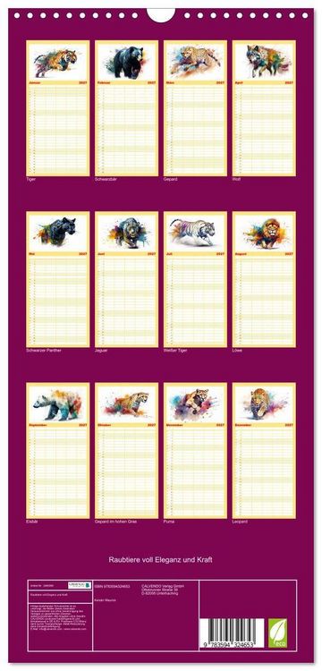Produktbild: Familienplaner 2027 - Raubtiere voll Eleganz und Kraft mit 5 Spalten (Wandkalender, 21 x 45 cm) CALVENDO