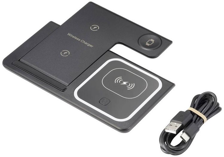 Produktbild: Renkforce Induktions-Ladeger&auml;t 15 W RF-QiWC3in1-01 RF-5780662 Ausg&auml;nge Magnetanschluss Schwarz