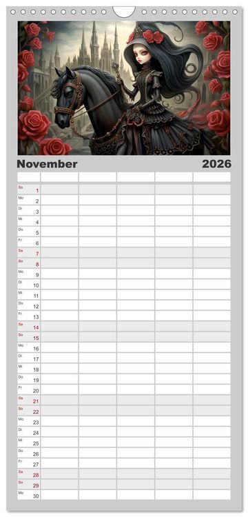 Produktbild: Familienplaner 2026 - Little Gothic Queens. Surrealistische Illustrationen mit 5 Spalten (Wandkalender, 21 x 45 cm) CALVENDO