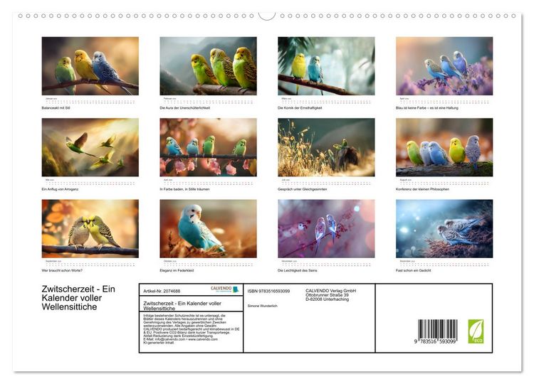 Produktbild: Zwitscherzeit - Ein Kalender voller Wellensittiche (hochwertiger Premium Wandkalender 2026 DIN A2 quer), Kunstdruck in Hochglanz