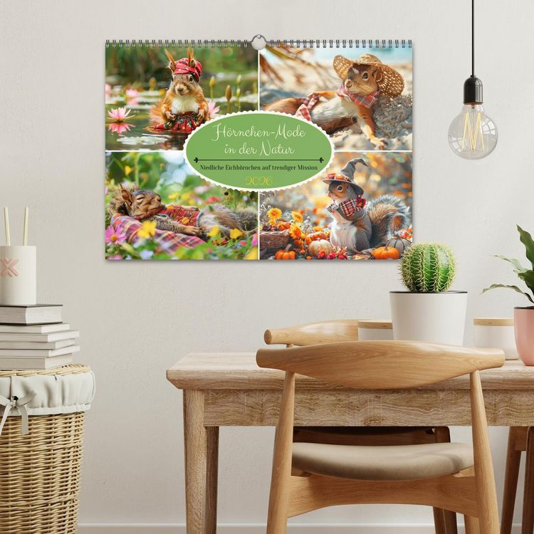 Produktbild: H&ouml;rnchen-Mode in der Natur. Niedliche Eichh&ouml;rnchen auf trendiger Mission (Wandkalender 2026 DIN A3 quer), CALVENDO Monatskalender