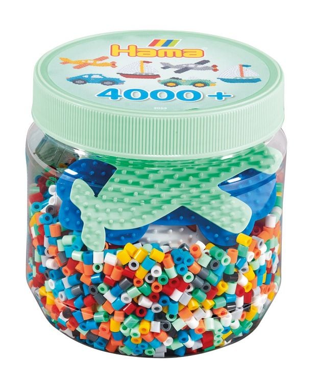 Produktbild: Hama 2053 - Dose mit 4000 Midi-B&uuml;gelperlen & Stiftplatten (Auto/Segelboot/Flugzeug)