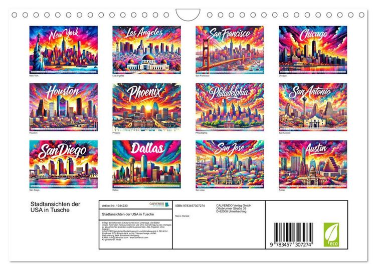 Produktbild: Stadtansichten der USA in Tusche (Wandkalender 2026 DIN A4 quer), CALVENDO Monatskalender