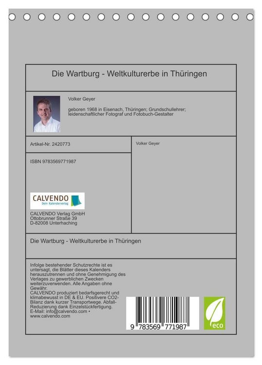 Produktbild: Die Wartburg - Weltkulturerbe in Th&uuml;ringen (Tischkalender 2027 DIN A5 hoch), CALVENDO Monatskalender