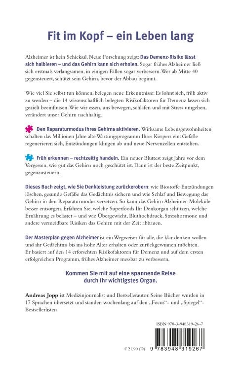 Produktbild: Masterplan gegen Alzheimer. Fit im Kopf - ein Leben lang. Wie Sie fr&uuml;hzeitig Ihr Demenz-Risiko halbieren, Ihr Gehirn regenerieren und geistig fit bleiben. Spiegel-Bestsellerautor