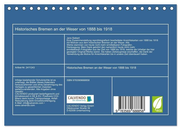 Produktbild: Historisches Bremen an der Weser von 1888 bis 1918 (Tischkalender 2027 DIN A5 quer), CALVENDO Monatskalender