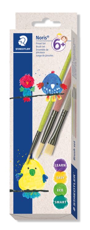 STAEDTLER Noris 989 – Lot De 3 Pinceaux Synthétiques – Poils Solides, Manche Bois – Idéal école Et Loisirs Créatifs