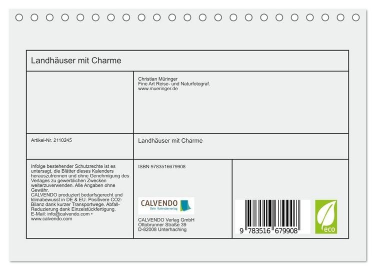 Produktbild: Landh&auml;user mit Charme (Tischkalender 2026 DIN A5 quer), CALVENDO Monatskalender