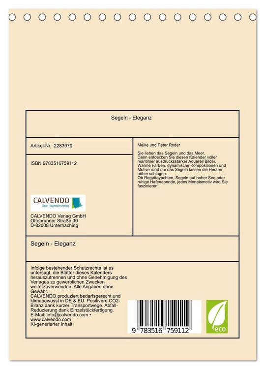 Produktbild: Segeln - Eleganz (Tischkalender 2027 DIN A5 hoch), CALVENDO Monatskalender