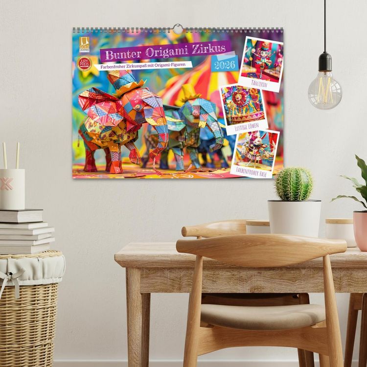 Produktbild: Bunter Origami Zirkus - Farbenfroher Zirkusspa&szlig; mit Origami-Figuren (Wandkalender 2026 DIN A3 quer), CALVENDO Monatskalender
