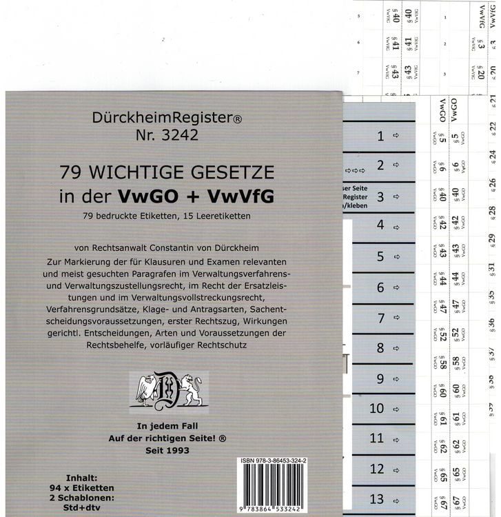 Produktbild: D&uuml;rckheimRegister&reg; VwGO + VwVfG - WICHTIGE &sect;&sect; Im &Ouml;ffR, OHNE Stichworte