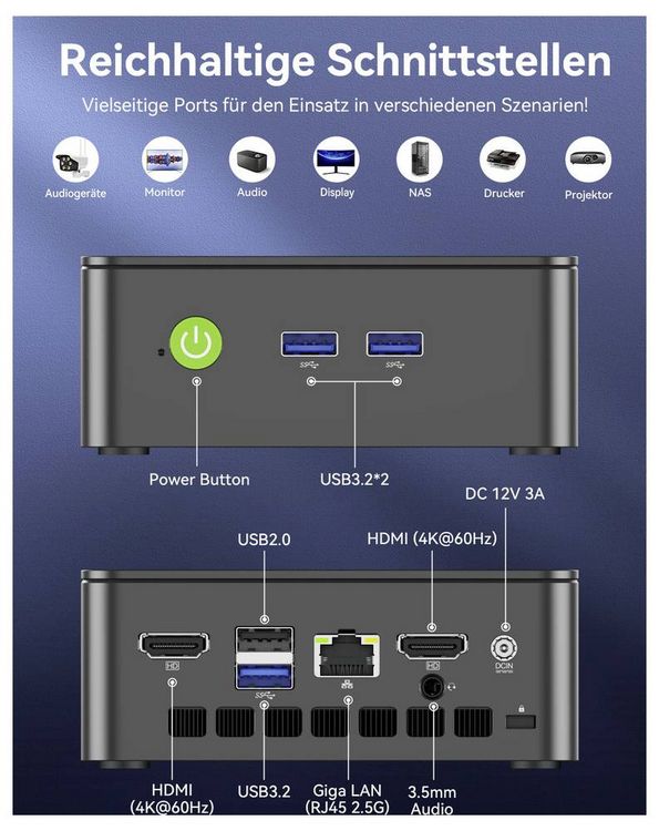 Produktbild: GMKtec Mini PC G3S-1 Intel&reg; Processor N95 8+256GB Intel&reg; Processor N95 3.4GHz 8GB RAM 256GB SSD Intel UHD Graphics Win 11 Pro G3S