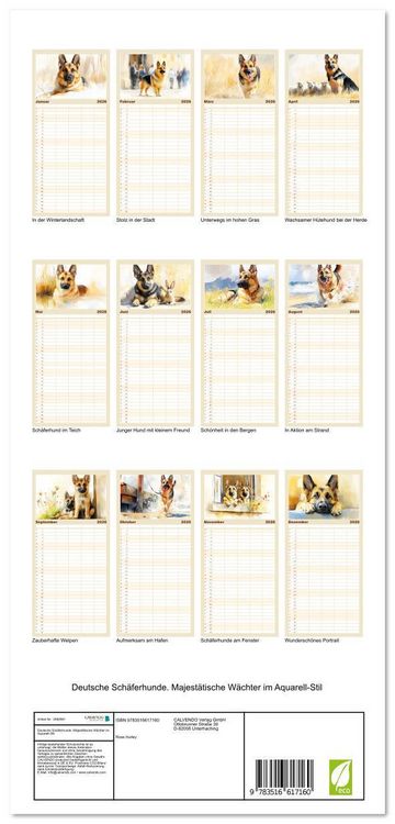 Produktbild: Familienplaner 2026 - Deutsche Sch&auml;ferhunde. Majest&auml;tische W&auml;chter im Aquarell-Stil mit 5 Spalten (Wandkalender, 21 x 45 cm) CALVENDO