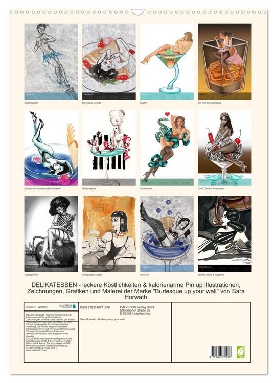 Produktbild: DELIKATESSEN - leckere K&ouml;stlichkeiten & kalorienarme Pin up Illustrationen, Zeichnungen, Grafiken und Malerei der Marke "Burlesque up your wall" von Sara Horwath (Wandkalender 2027 DIN A2 hoch), CALVENDO Monatskalender