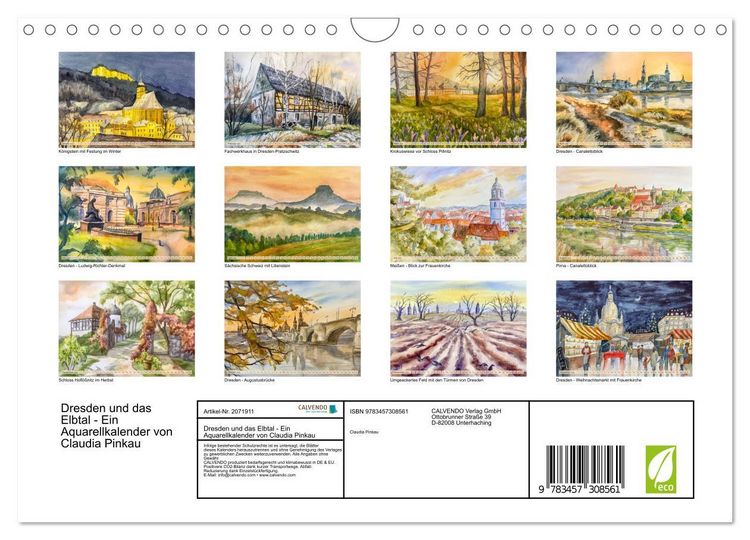 Produktbild: Dresden und das Elbtal - Ein Aquarellkalender von Claudia Pinkau (Wandkalender 2026 DIN A4 quer), CALVENDO Monatskalender