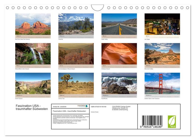 Produktbild: Faszination USA - traumhafter S&uuml;dwesten (Wandkalender 2026 DIN A4 quer), CALVENDO Monatskalender