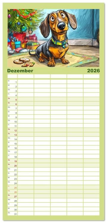 Produktbild: Familienplaner 2026 - Dackel Fun. Zauberhafte Hunde Cartoons f&uuml;rs Herz mit 5 Spalten (Wandkalender, 21 x 45 cm) CALVENDO