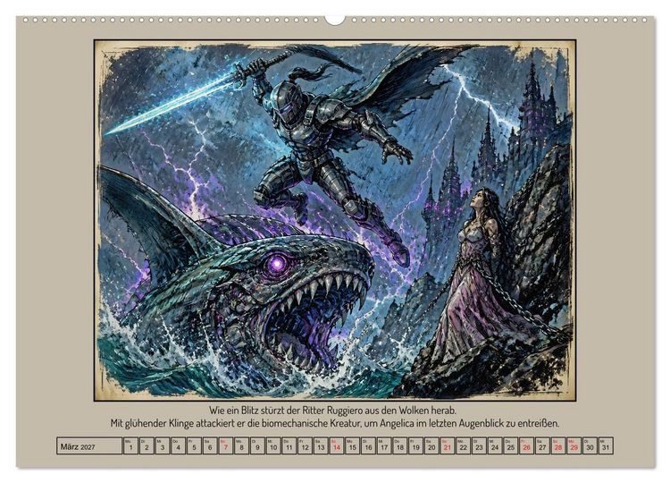 Produktbild: Ritter Roland in der Cyberwelt: Orlando furioso im Cyberpunk-Stil (Wandkalender 2027 DIN A2 quer), CALVENDO Monatskalender