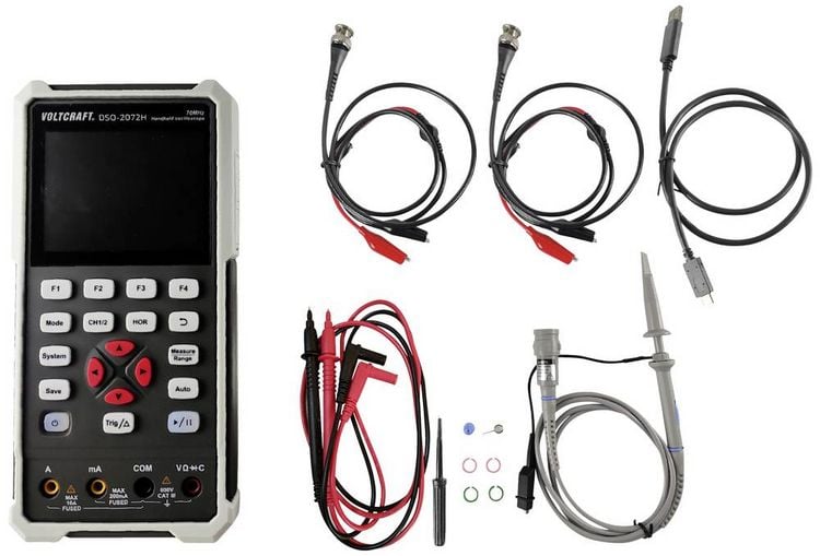 Produktbild: VOLTCRAFT DSO-2072H Hand-Oszilloskop 70 MHz 2-Kanal 250 MSa/s 8 kpts 8 Bit Handger&auml;t, Funktionsgenerator, Multimeter-Funktionen 1 St.