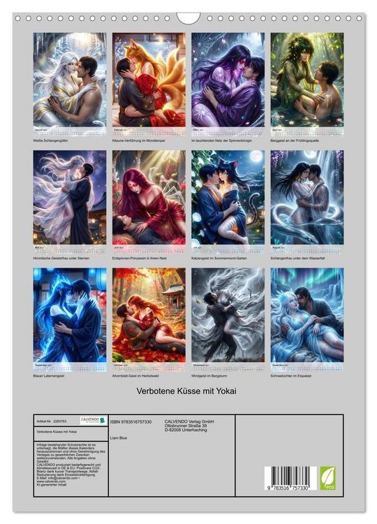 Produktbild: Verbotene K&uuml;sse mit Yokai (Wandkalender 2027 DIN A3 hoch), CALVENDO Monatskalender