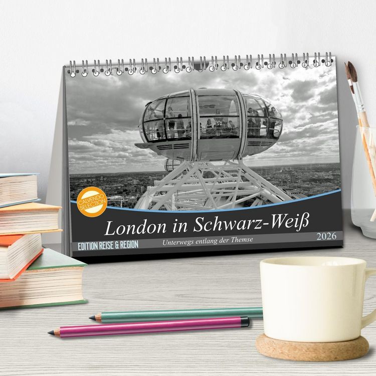 Produktbild: London in Schwarz-Wei&szlig; (Tischkalender 2026 DIN A5 quer), CALVENDO Monatskalender