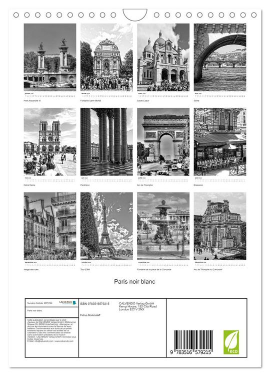 Produktbild: Paris noir blanc (Calendrier mural 2026 DIN A4 horizontal), CALVENDO calendrier mensuel