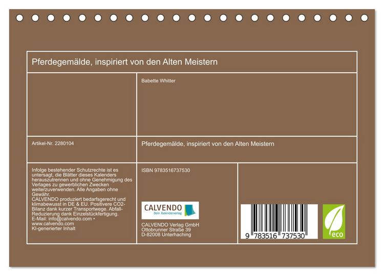 Produktbild: Pferdegem&auml;lde, inspiriert von den Alten Meistern (Tischkalender 2026 DIN A5 quer), CALVENDO Monatskalender