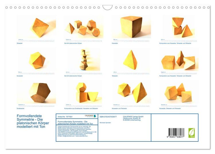 Produktbild: Formvollendete Symmetrie - Die platonischen K&ouml;rper modelliert mit Ton (Wandkalender 2026 DIN A3 quer), CALVENDO Monatskalender