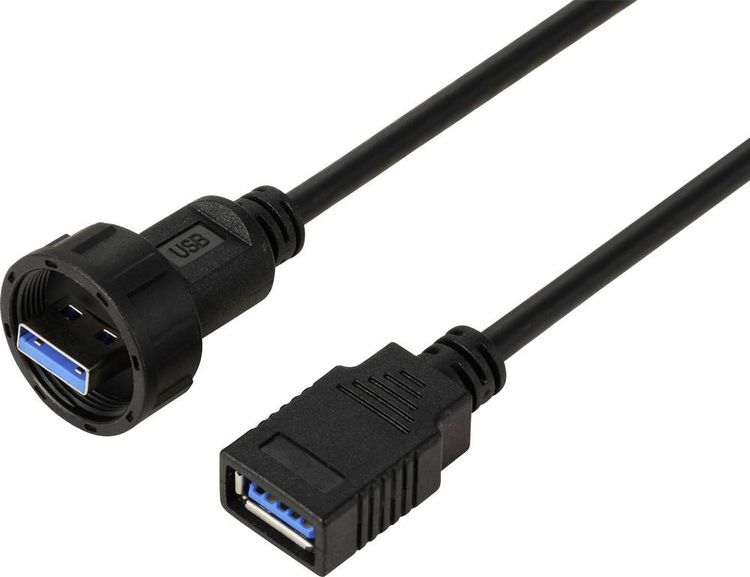 Produktbild: USB 3.0-Buchse auf Stecker, IP67 (Gewinde), Kabel 0,5m TC-E13T-MU3-MWA/FU3-NWA-0.5PV-S Wasserdichtes Kunststoffkabel TC-13543564